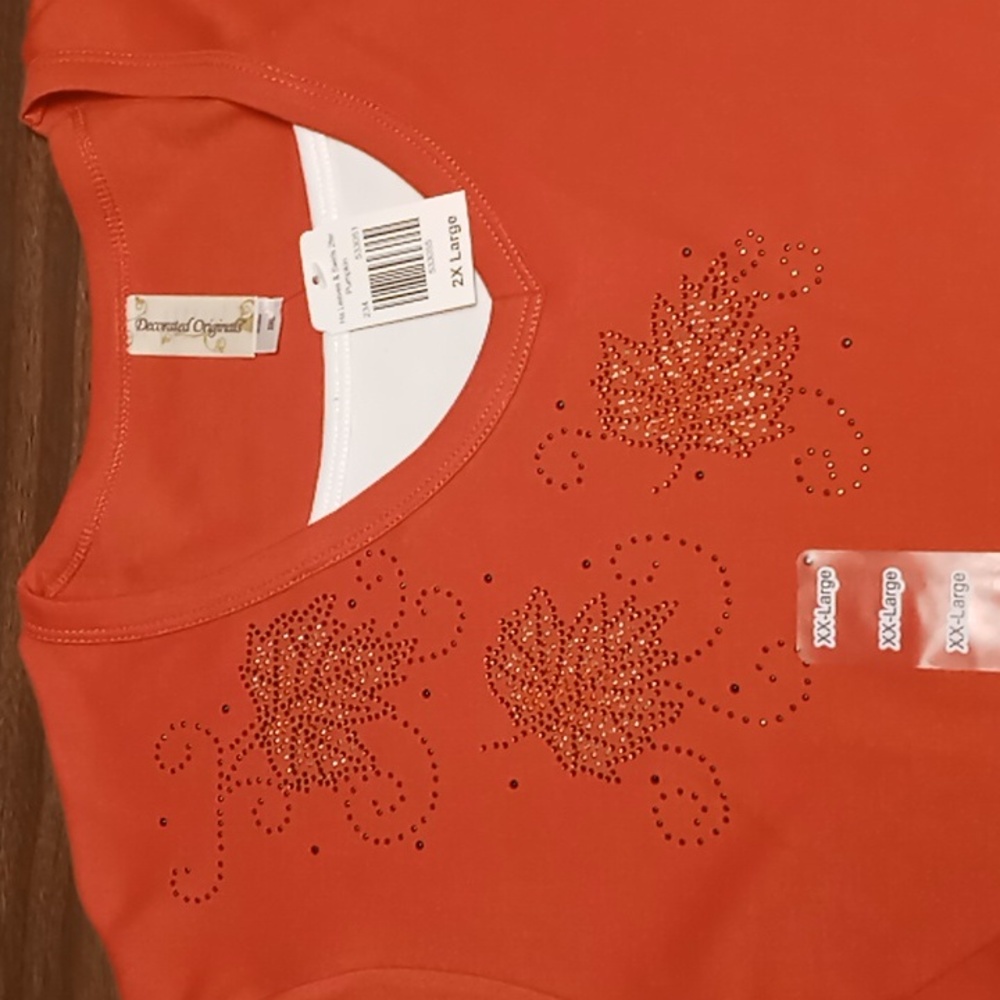 Decorated Originals Orange 3/4 Sleeve Blouse w Leaf Embellishments 2X NWT - Picture 3 of 5